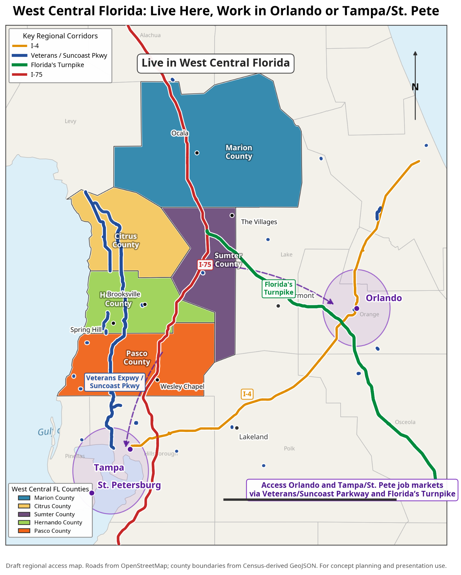 Map of Florida highlighting the five counties of the Connected Paradise Region: Citrus, Hernando, Marion, Sumter, and Pasco