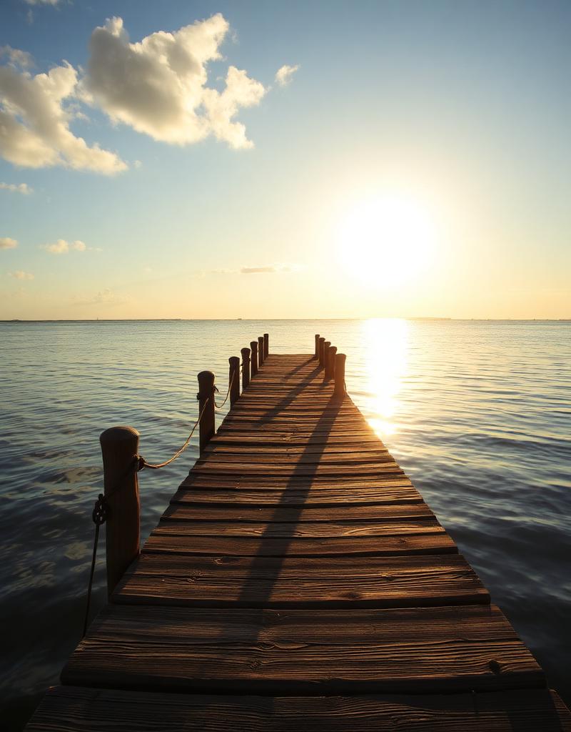 Sun-warmed wooden dock at golden hour